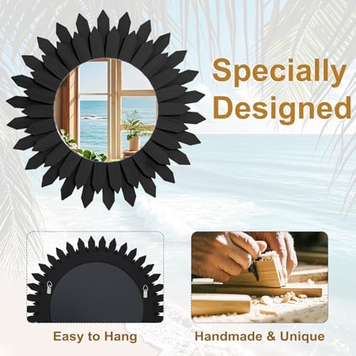20" Black Round Sunburst Wooden Mirror Boho Rustic Wall Decor - Image 4