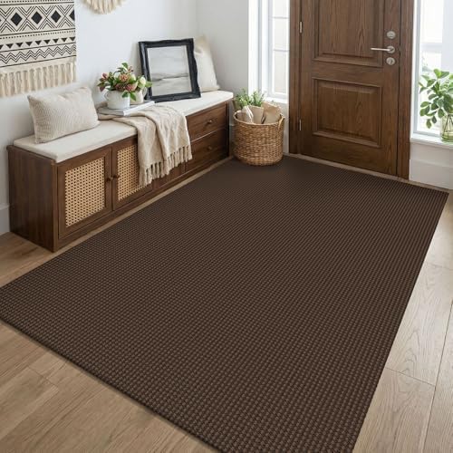 KOZYFLY Washable 4x5 Entry Woven Area Rug, Braided Throw Rugs for Entryway, Non Slip Door Mat Indoor Entrance, Flatweave Carpet for Foyer, Bedroom, Dining, Office, Brown/Dark Brown by KOZYFLY