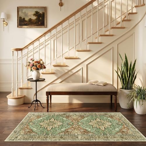 RELEANY Washable Area Rug, Runner 2'6"x5', Brick/Brown/Green by RELEANY