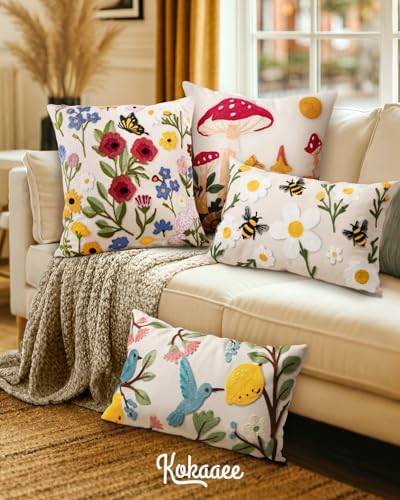 Embroidered Lumbar Pillow Cover 20x12 Inch, Bird Lemon - Image 6