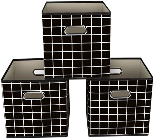 Yunkeeeper storage bins Cubes, Fabric Cube Organizer with Handle, Foldable Cube Bins for Cloth or Accessary Storage, 11x11x11, Set of 3,(Black grid) by Yunkeeper