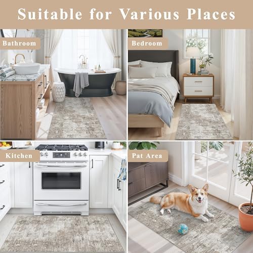 2x4 Washable Entryway Area Rug - Non-Slip Modern Small Indoor Mat for Bathroom,Living Room,Bedroom - Abstract Neutral Soft Low-Pile Throw Carpet with Rubber Backing (Beige Grey) - Image 4