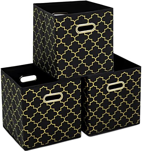Fabric storage bins Cubes, Fabric Cube Organizer with Handle, Foldable Cube Bins for Cloth or Accessary Storage, 11x11x11, Set of 3, (Black Gold) by Yunkeeper