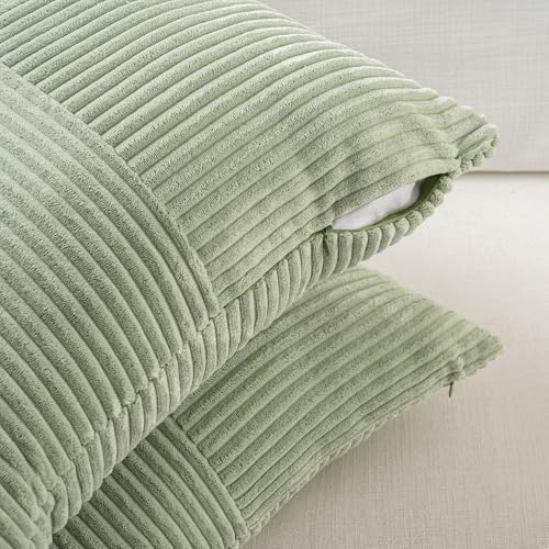 Fancy Homi Set of 2 Sage Green Boho Long Lumbar Body Decorative Throw Pillow Cover 14x36 Inch for Bed Couch Bedroom Bench, Soft Patchwork Corduroy Textured Pillow Case, Rustic Farmhouse Room Décor - Image 3
