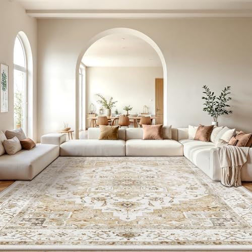 Amada Large 10x14 Washable Area Rug for Living Room, Beige, Boho Vintage by AMADAHOMEFURNISHING