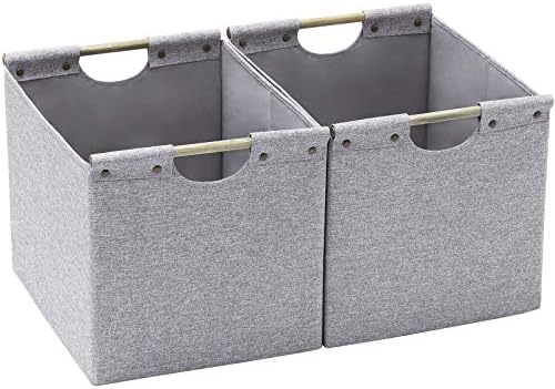 HOONEX Large Foldable Storage Bins, Linen Fabric, 2 Pack, with Wooden Carry Handles and Sturdy Heavy Cardboard, for Home, Office, Car, Nursery, Light Grey by HOONEX