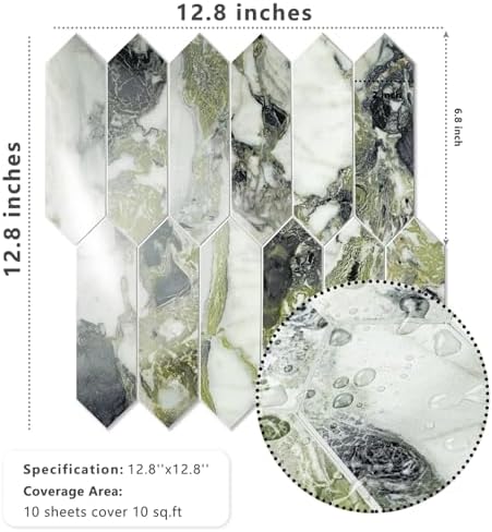 Vamos Tile Glossy Ice Green Backsplash Tile Peel and Stick, 12.8 x 12.8 Inch 10 Sheets Long Hexagon PVC Self Adhesive Mosaic Wall Tiles Stick on Backsplash for Kitchen Bathroom and Fireplace - Image 6
