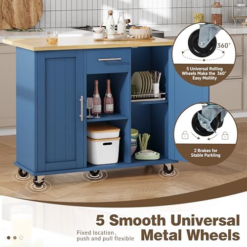 Shintenchi Kitchen Island with Storage, Bar Cart Cabinet Island Table on Wheels, Rolling Microwave Cart for Kitchen with Drop Leaf, Drawers, Towel Rack, Seating Area for Dining Room, Blue - Image 6
