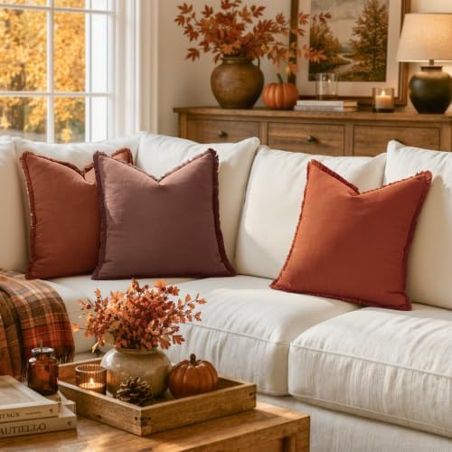 MIULEE Linen Fringe Decorative Fall Throw Pillow Covers Autumn Glaze 18x18 - Image 2
