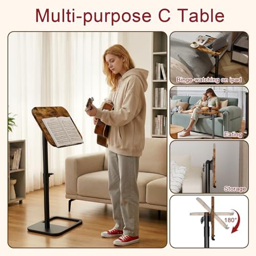 Tv Tray Table Adjustable Height Couch Side Table, Tilt Angle Adjustments-360° Swivel/180° Flip-Over Panel C-Shaped End Table With Tablet Slot, Computer Desk for Chair, Living Room (Rustic Brown) - Image 6