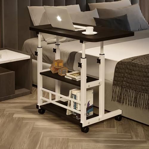 VebaCidi Medical Overbed Bedside Table with Two Shelves and Wheels (Hospital and Home Use), 31 1/2" Desk with Non Tilt Wooden Top, Adjustable Height (Black) by VebaCidi