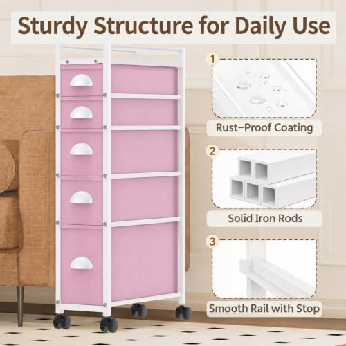 LASZOLA Narrow Cabinet Slim Storage Cart for Bathroom Small Space, Pink - Image 5