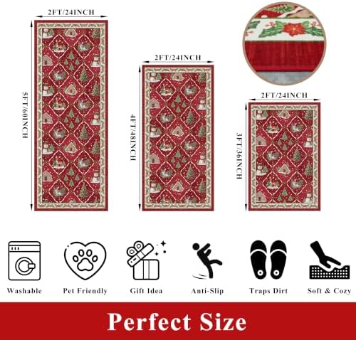 3-Piece Plaid Christmas Decorations Kitchen Rugs Set: Washable Non-Slip Kitchen Mat for Floor Soft Low Pile Modern Runner Rug for Sink Floor Mats ＆Indoor, Hallway, Entryway, (Red/Green) - Image 2
