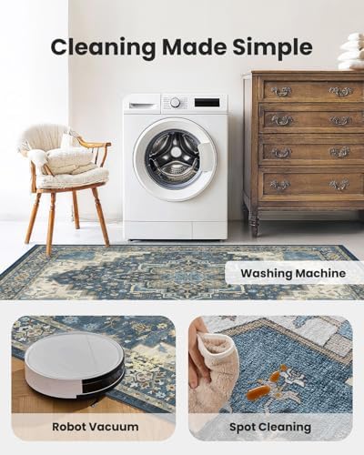 AMADA HOMEFURNISHING 8x10 Area Rug for Living Room, Vintage Washable Area Rug Low-Pile & Non-Slip Carpet for Bedroom Dining Room Nursery Home Office, Navy Blue/Beige - Image 5