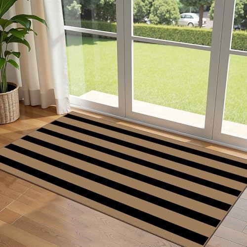 Front Door Mat Indoor Entrance - 2x4.3 Ft Black Tan Striped Rug by Othilic