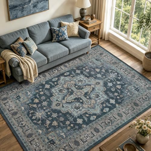 5x7 Ft Area Rugs for Living Room, Soft Non-Slip Machine Washable Rug, Vintage Stain Resistant Carpets for Bedroom Nursery Dining Room Home Decor (Blue) by Lo%CC%80utiRootHome