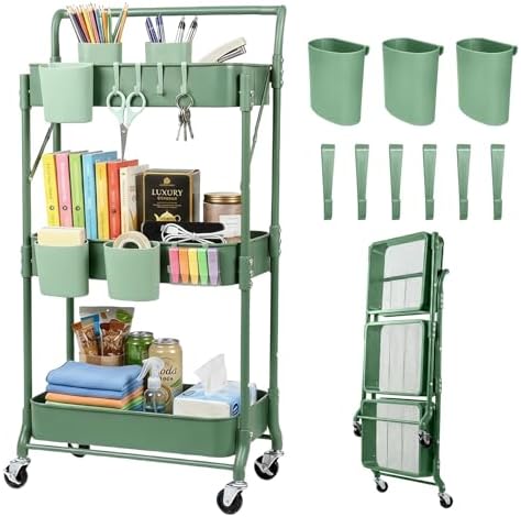 Amatic 3-Tier Folding Rolling Utility Cart with Wheels, Metal Foldable Storage Cart Organizer with 3 Hanging Cups & 6 Hooks for Kitchen, Office, Living Room, Nursery(Green) by Amatic