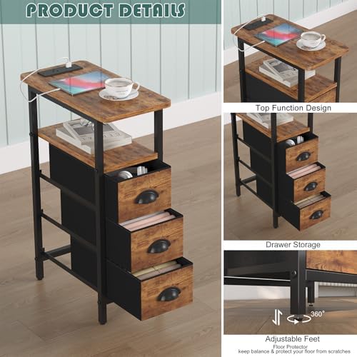 sthmec End Table with Charging Station,Narrow Side Tables with USB Ports and Outlets,Skinny Bedside Tables with 3 Drawers,Small Nightstands for Small Space,Slim Sofa Table for Livingroom,Rustic Brown - Image 5