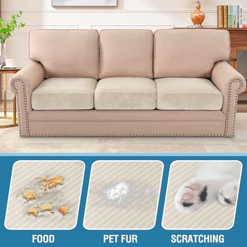 H.VERSAILTEX Velvet Stretch Couch Cushion Cover Plush Cushion Slipcover for Chair Loveseat Sofa Cushion Furniture Protector Seat Cushion Sofa Cover (3 Piece Sofa Cushion Covers, Ivory Striped) - Image 3