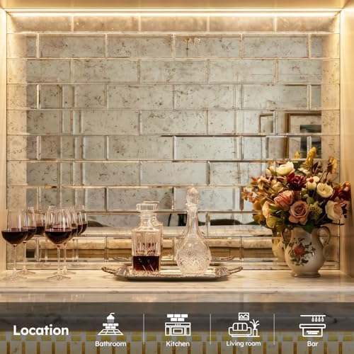 Diflart Peel and Stick Mirror Backsplash, Light Antique, 3x10 Inch, Beveled Mirror Subway Kitchen Bar Wall Tile (5 Sq.ft, 24 Pcs) - Image 2