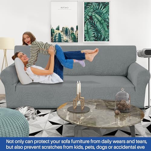 YEMYHOM Couch Cover Latest Jacquard Design High Stretch Sofa Covers for 3 Cushion Couch, Pet Dog Cat Proof Slipcover Non Slip Magic Elastic Furniture Protector (Large, Begonia Leaf Dark Gray) - Image 2