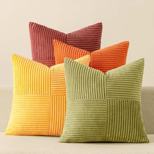 MIULEE Fall Yellow Orange Rust Throw Pillow Covers 20x20 Inch 4 Packs Boho Farmhouse Decorative Color-Clash Pillow Cases Soft Cushion Cases for Couch Sofa Bed Corduroy Striped Home Decor by MIULEE