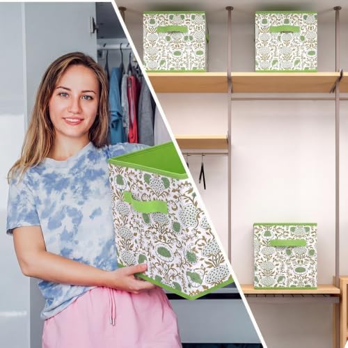 Bokon 6 Pcs 11'' Green Block Print Storage Bins Cube Floral Storage Basket - Image 5