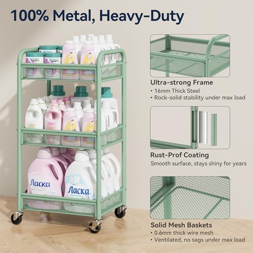 YASONIC 3 Tier Metal Rolling Cart, Green Utility Storage Cart with Wheels - Image 2
