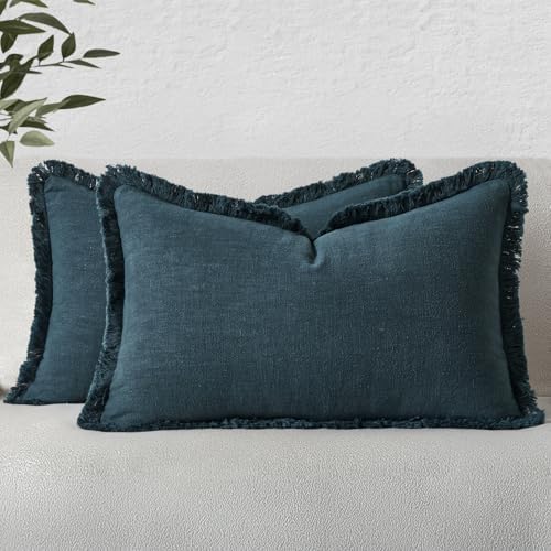 MIULEE Linen Fringe Decorative Lumbar Throw Pillow Covers Navy Blue 12x20 by MIULEE
