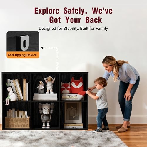 Book Shelf, Wooden Cube Storage Organizer with 11" Open Cubes, Stackable Modular Bookcase for Room Divider Storage, 2 Tier Bookshelf for Living Room, Bedroom, Office (Black, 6-Cube) - Image 4