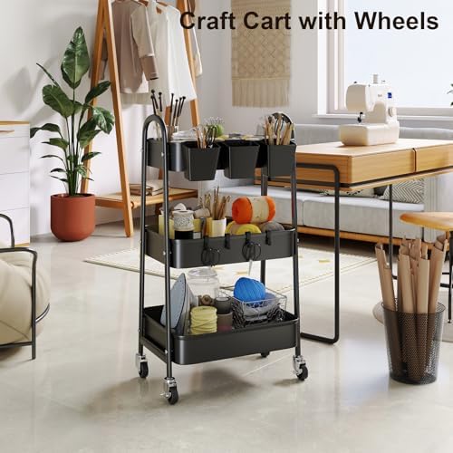3 Tier Metal Rolling Cart with Lockable Wheels,Black Three Tiered Art Carts - Image 5