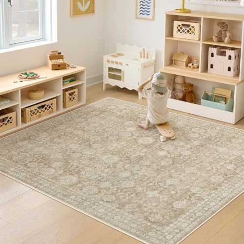 5x7 Area Rugs for Living Room: Washable Vintage Floral Rug Low Pile Non-Slip Boho Carpet for Nursery Bedroom Dining Room (Brown, 5'x7') - Image 2