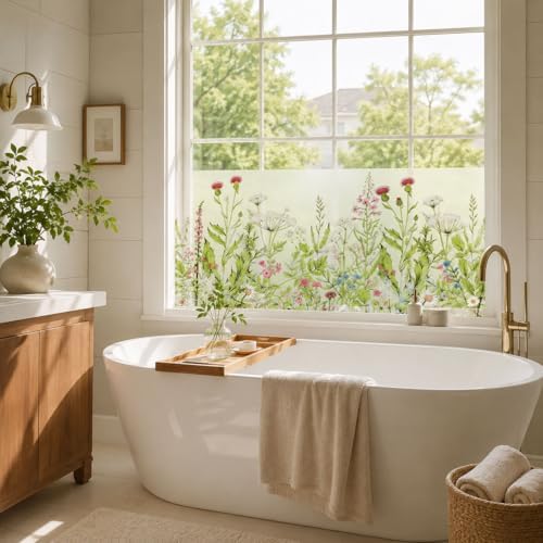 Static Cling Window Privacy Film, 78" x 17" Frosted Glass Covering with Wildflower & Botanical Patterns, Removable No Glue Window Film for Home Bathroom Bedroom Office (Wildflower) - Image 3