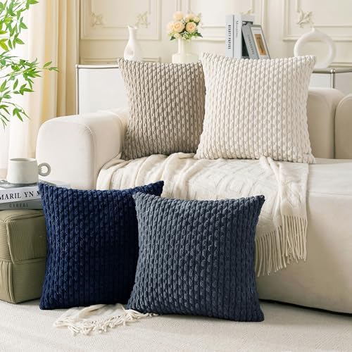 Set of 4 Navy White Taupe Decorative Throw Pillow Covers 22x22 Inch Corduroy Pillow Covers for Bed Couch Sofa Living Room Soft Square Cushion Cases by Cozoomy