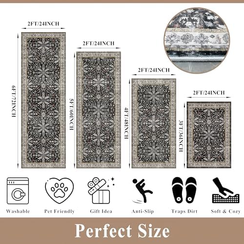 Kitchen Rug Sets 4-Piece with Runner – Washable Non-Slip Floor Mats for Sink, Entryway, Hallway, Bathroom – Soft Low-Pile Thin Boho Floral Rugs, New Home Decor (Black, 2x3+2x4+2x5+2x6) - Image 2