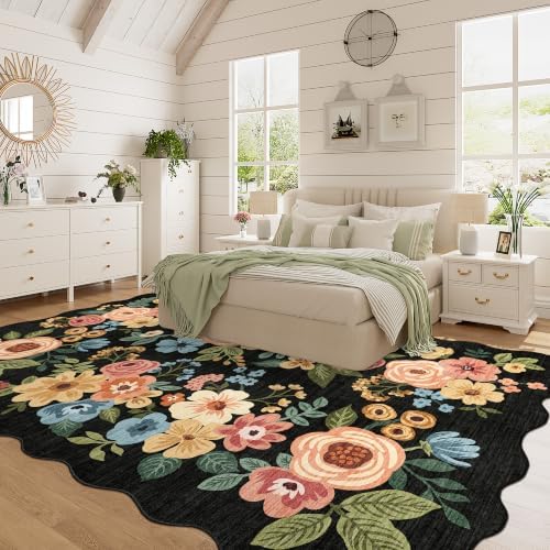 DUKINO 5x8 Washable Area Rug, Soft Floral Living Room Rug Non Slip, Black - Image 5