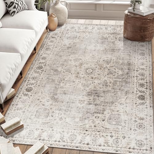 ReaLife Rugs Machine Washable Area Rug - Living Room Bedroom Bathroom Kitchen Entryway Office - Padded Low Pile Stain Resistant Premium - Boho Farmhouse Vintage - Joy - Beige Ivory 5' x 7' by ReaLifeRugs