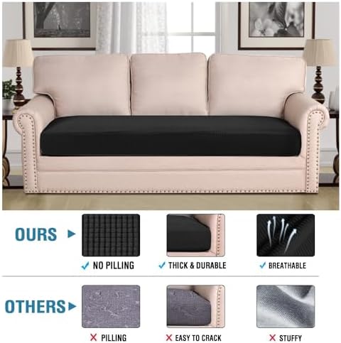 H.VERSAILTEX Super Stretch Individual Seat Cushion Covers Sofa Covers Couch Cushion Covers Slipcover Sets Thick Jacquard Textured Twill Fabric (1 Piece Sofa Cushion Cover, Black) - Image 2