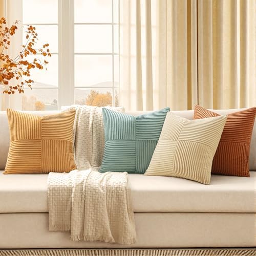 MIULEE Fall Boho Farmhouse Decorative Throw Pillow Covers 20x20 Inch 4 Packs Soft Vintage Pillow Cases Modern Corduroy Patchwork Cushion Covers for Couch Sofa Bed Home Decor, Teal-Rust - Image 3