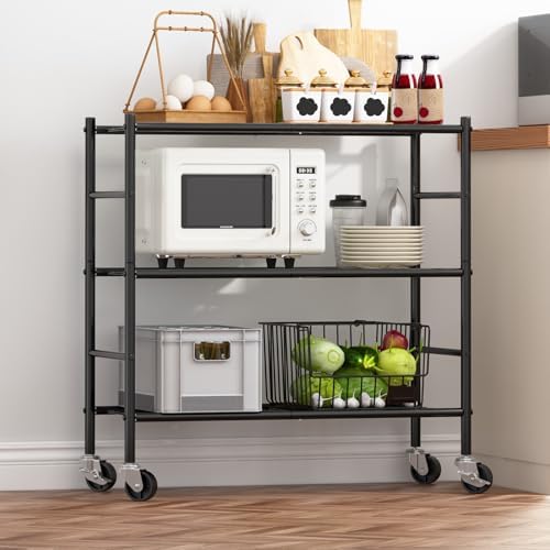 Sakugi 3-Tier Storage Shelves 33.1" x12.6" x32.5" Black with Wheels - Image 2