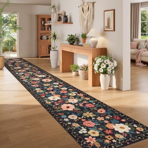 DUKINO 3x20 Runner Rug for Hallway, Floral Washable Long Runner Rug, Black - Image 5