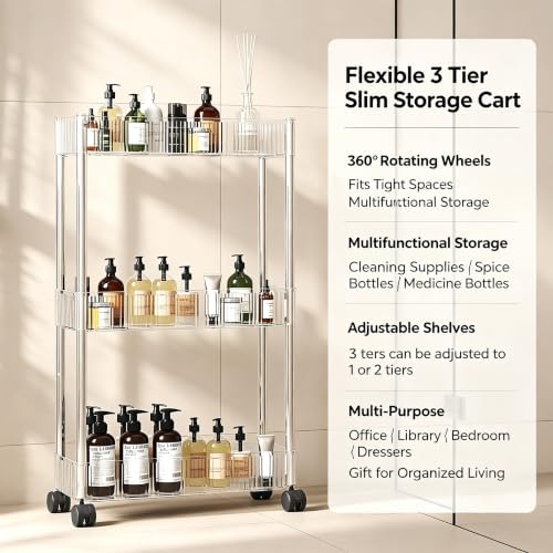 Sooyee Slim Clear 3-Tier Plastic Rolling Utility Cart with Wheels - Image 2