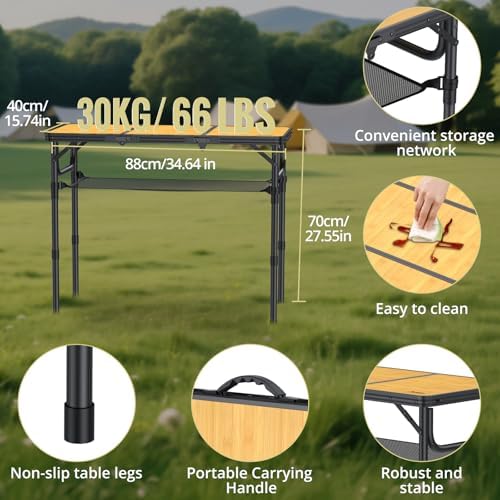Anbte 3ft Camping Table Foldable with Storage Net and Bag, 3 Adjustable Heights High 27.5" Aluminum Camping Table Portable, for Outdoor Indoor Backyard BBQ Cooking Party Picnic Beach, Light Oak Grain - Image 4