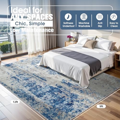 9x12 Area Rugs for Living Room Washable Bedroom Dining Room Blue Grey White - Image 2