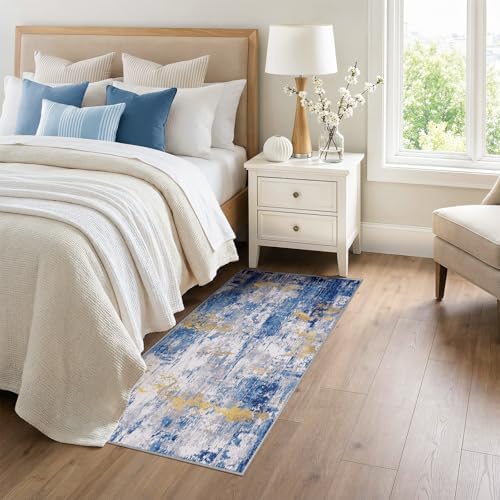 RELEANY Washable Runner 3'x6' Abstract Area Rug for Hallway Blue Gold - Image 2