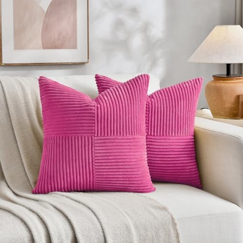 Fancy Homi 2 Packs Hot Pink Decorative Throw Pillow Covers 20x20 Inch for Living Room Couch Bed Sofa, Rustic Farmhouse Boho Home Decor, Soft Corss Corduroy Patchwork Accent Cushion Case 50x50 cm - Image 5