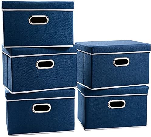 PRANDOM Foldable Storage Bin with Lid [5-Pack] Linen Fabric Decorative Storage Box Organizer Container Basket Cube with Handles Divider for Closet Office Living Room Royal Blue(14.9x9.8x9.8) by Prandom