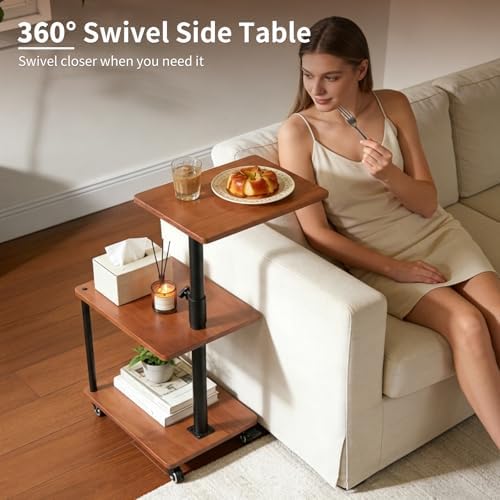 Rolling Side Table with Wheel for Living Room, Adjustable Height Swivel End Table for Different Seating Types, Ideal for Couch, Sofa, Recliner and Living Room, Natual Solid Wood - Image 5