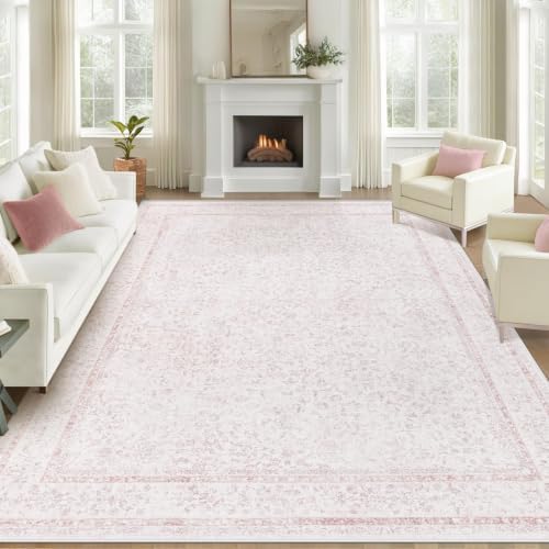 8x10 Area Rugs for Living Room: Washable Large Vintage Floral Rug Low Pile Non-Slip Boho Carpet for Bedroom Home Office Dining Room (Pink, 8'x10') by LOSBULAKE