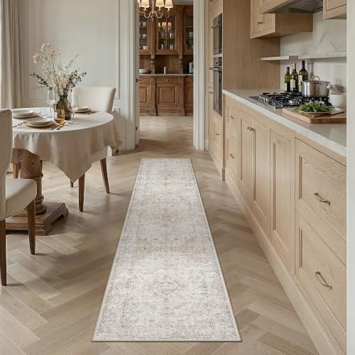 2'6x8 Washable Runner Rug Beige Grey Non Slip Vintage Carpet - Image 3